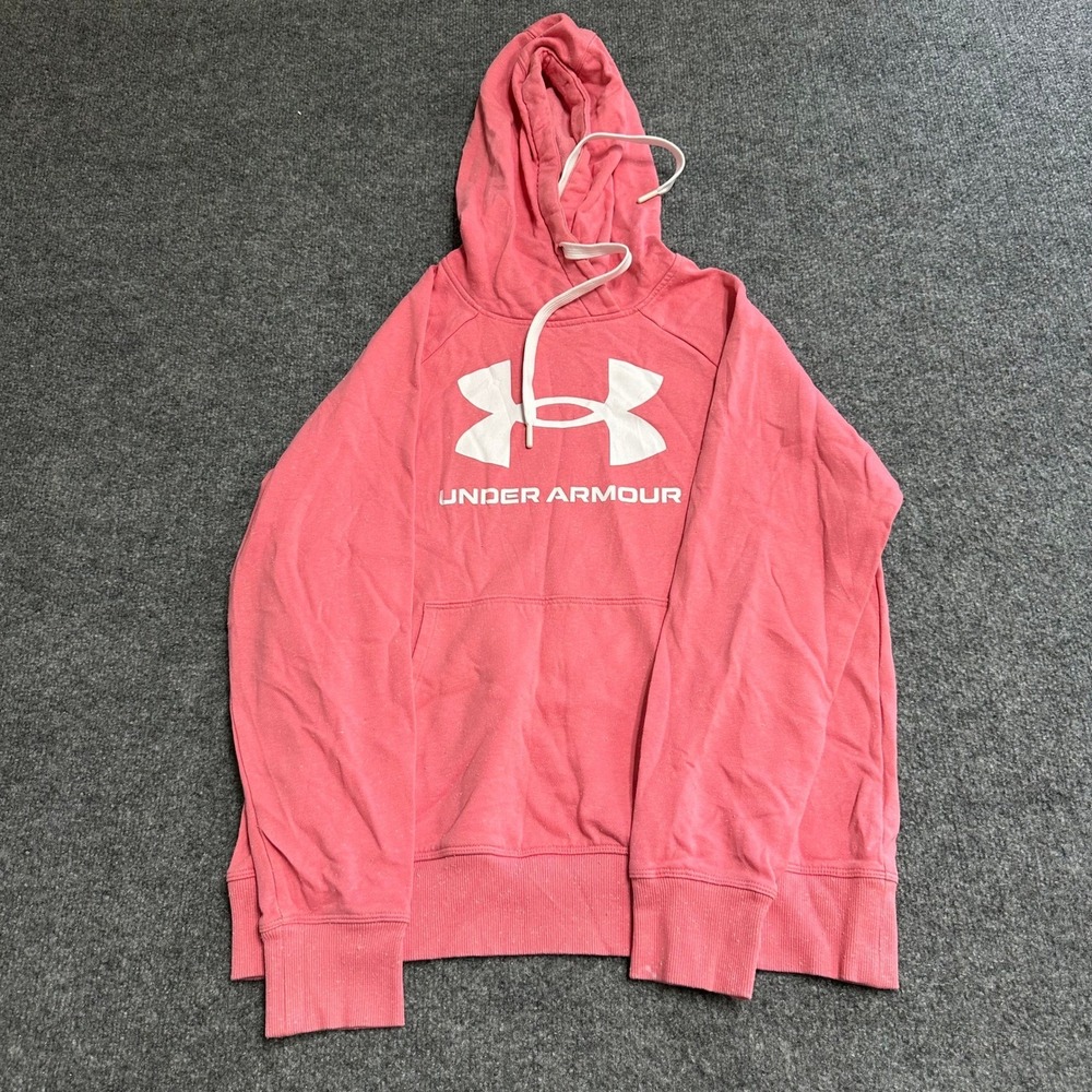 Under Armour Hoodie Womens Size M Pink Loose Fit Fleece Logo Graphic Sweatshirt